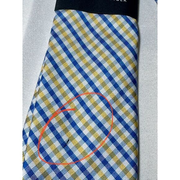 Tommy Hilfiger Men's Polyester Tie ~ Yellow & Blue Plaid Check New Tags Flaw NWT - Picture 3 of 7